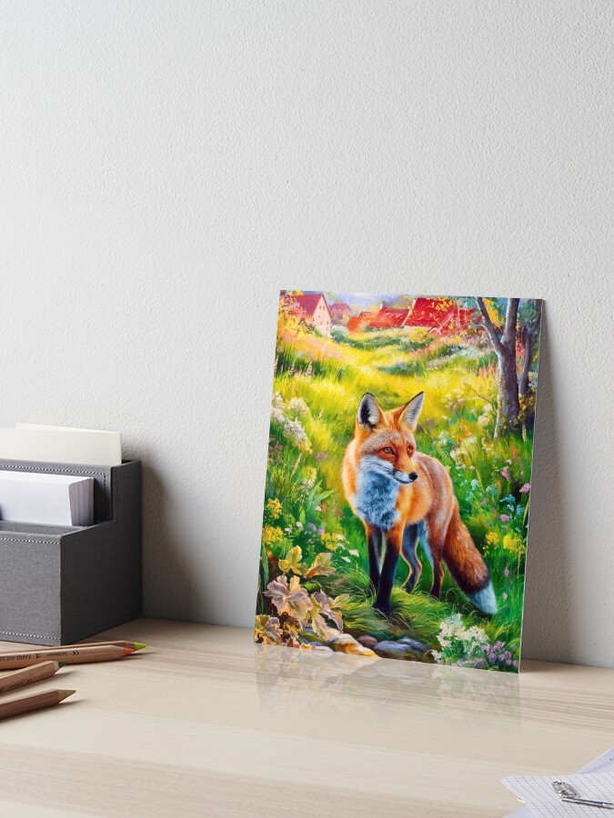 Thumbnail 1 of 2, Art Board Print, Fox Portrait. Spring season, floral fox, vintage fox, fox painting, Camille Pissarro style designed and sold by FoxVibes.