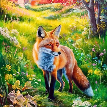 Artwork thumbnail, Fox Portrait. Spring season, floral fox, vintage fox, fox painting, Camille Pissarro style by FoxVibes