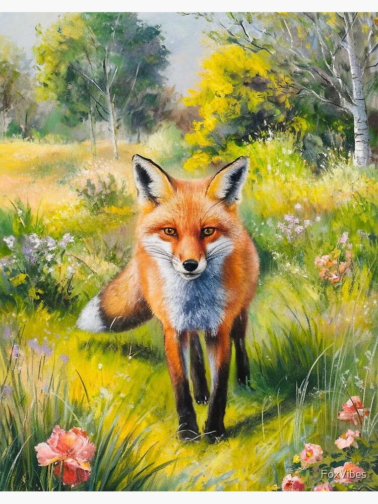 Thumbnail 2 of 2, Art Board Print, Fox Portrait. Spring season, floral fox, vintage fox, fox painting, Camille Pissarro style designed and sold by FoxVibes.