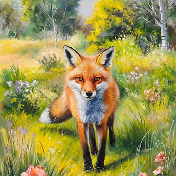 Artwork thumbnail, Fox Portrait. Spring season, floral fox, vintage fox, fox painting, Camille Pissarro style by FoxVibes