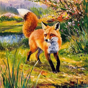 Artwork thumbnail, Fox Portrait. Spring season, floral fox, vintage fox, fox painting, Camille Pissarro style by FoxVibes