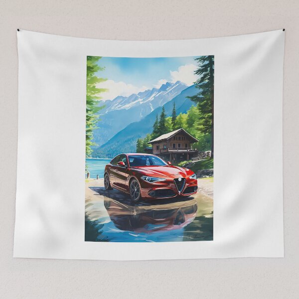 Item preview, Alfa Romeo Giulia Veloce by the Serene Mountain Lake, Automotive Art designed and sold by RevUpDesign.