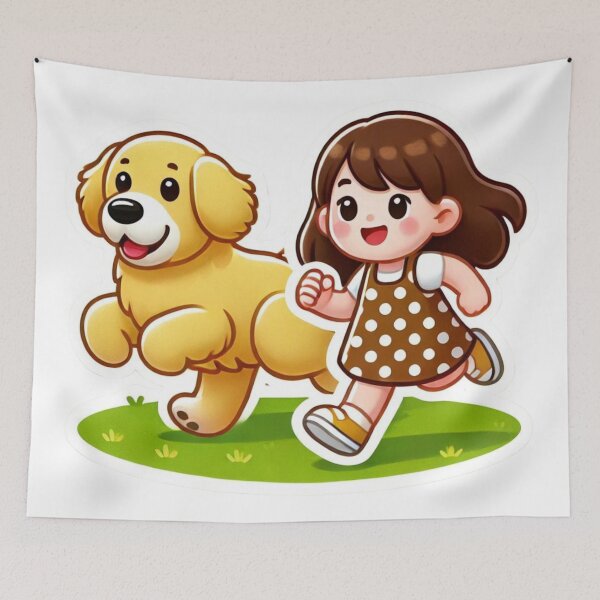 Aperçu de l'œuvre Compagnons joyeux : fille et chien de style autocollant de dessin animé créée et vendue par ToonTailsStudio.