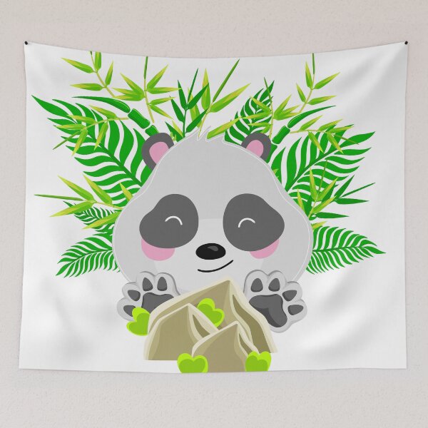 Item preview, A panda in tropical leaves and bamboo hides behind stones. designed and sold by KOSARTbyDiana.