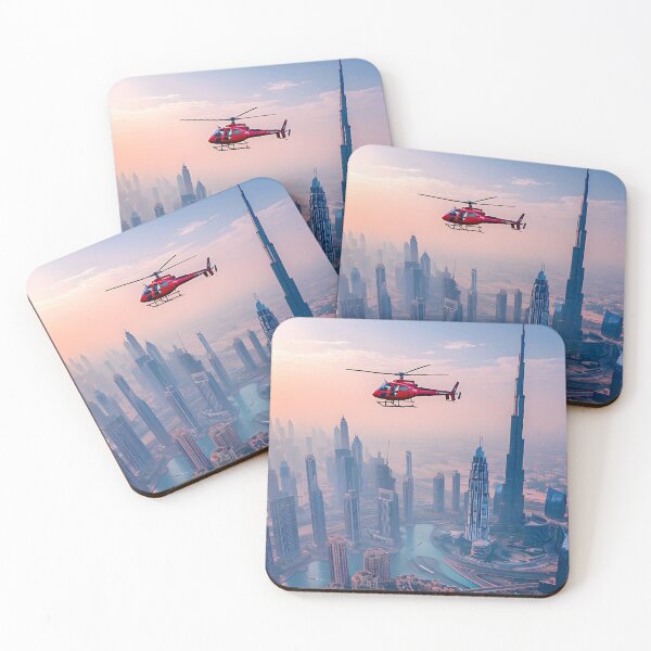 Item preview, Red helicopter flying above futuristic urban skyline. designed and sold by Artessie.