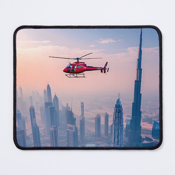 Item preview, Red helicopter flying above futuristic urban skyline. designed and sold by Artessie.