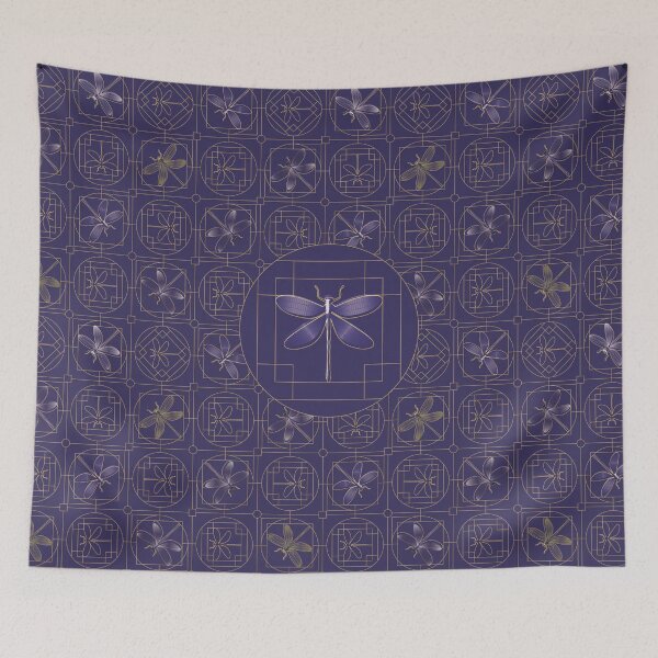 Item preview, Dragonflies on a purple background with golden ornaments designed and sold by Elisabeth Kochenburger.