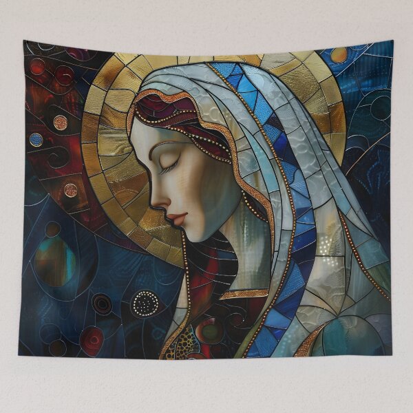 Item preview, Virgin Mary in Blue and White Patterned Robe - Stained Glass Art designed and sold by mebraart.