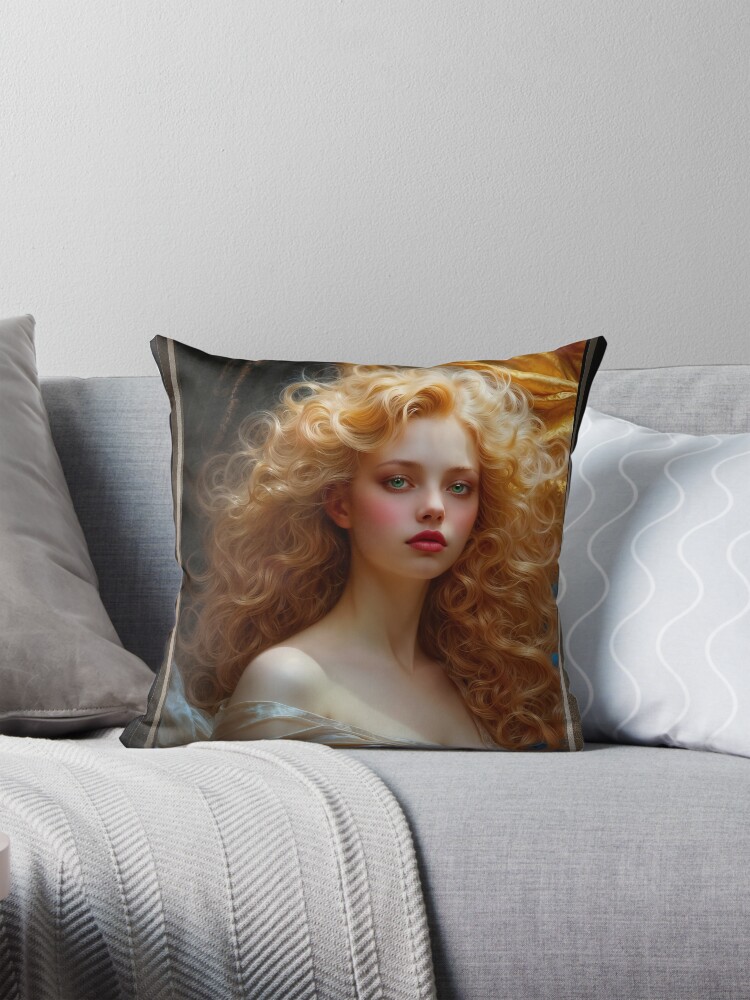 A Captivating Ethereal Beauty With Golden Curls Captivating AI Concept Art by Xzendor7 Decorative Art Print Throw Pillow