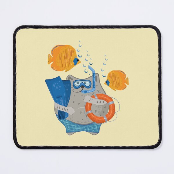 Item preview, Cat diver in a mask with fins, lifebuoys and fish designed and sold by Deepness2023.