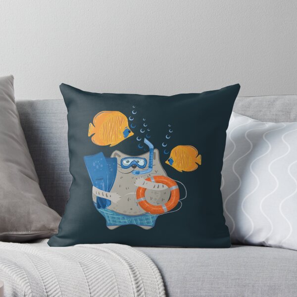 Item preview, Cat diver in a mask with fins, lifebuoys and fish designed and sold by Deepness2023.