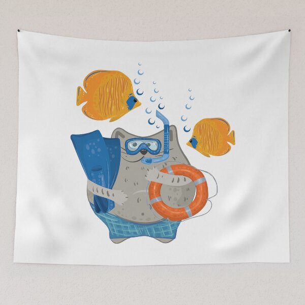 Item preview, Cat diver in a mask with fins, lifebuoys and fish designed and sold by Deepness2023.