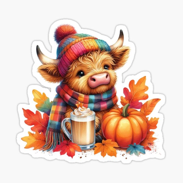 Vista previa del artículo con la obra «Linda vaca escocesa de las tierras altas temporada de otoño hojas de otoño calabaza especia latte colorido acuarela», diseñado y vendido por MaedK.