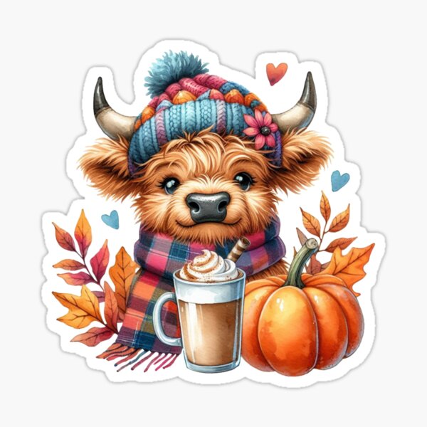 Vista previa del artículo con la obra «Linda vaca escocesa de las tierras altas temporada de otoño hojas de otoño calabaza especia latte colorido acuarela», diseñado y vendido por MaedK.
