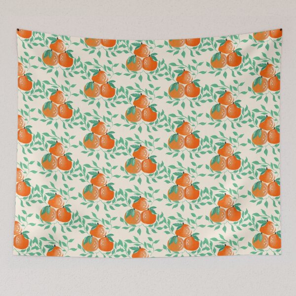 Item preview, Hand painted textured gouache oranges and leaves on a light beige background designed and sold by JasmineGDesigns.