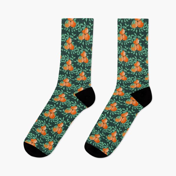 Aperçu de l'œuvre Oranges et feuilles de gouache texturées peintes à la main sur un fond vert sombre et maussade créée et vendue par JasmineGDesigns.