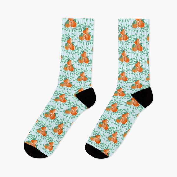 Aperçu de l'œuvre Oranges et feuilles de gouache texturées peintes à la main sur fond bleu clair créée et vendue par JasmineGDesigns.