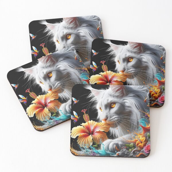 Item preview, Dreamy Male Maine Coon Cat with Fantastic Hibiscus Flowers, 4k Wallpaper designed and sold by Keirnyx.