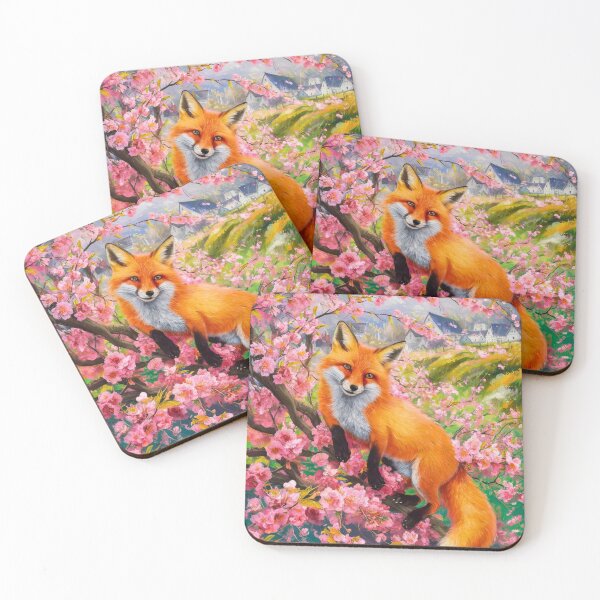 Aperçu de l'œuvre Portrait de renard. Fleur de cerisier, renard floral, renard vintage, peinture renard, style Camille Pissarro créée et vendue par FoxVibes.