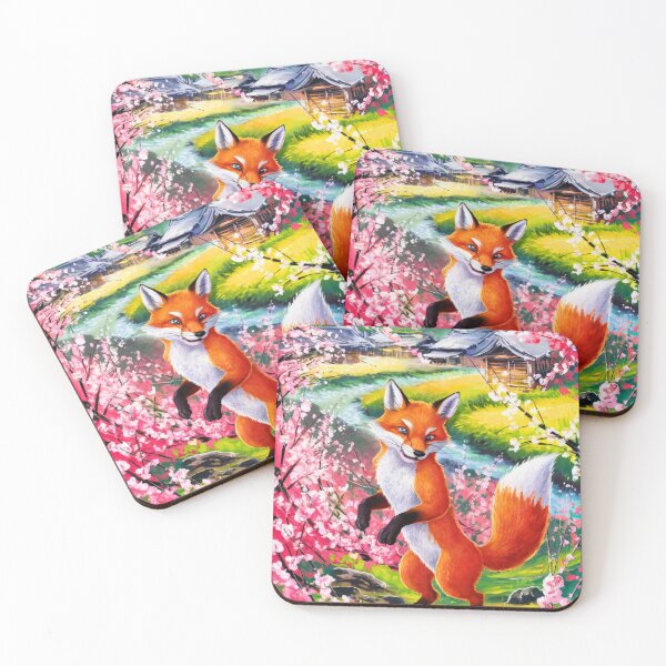 Aperçu de l'œuvre Portrait de renard. Fleur de cerisier, renard floral, renard vintage, peinture renard, style Camille Pissarro créée et vendue par FoxVibes.