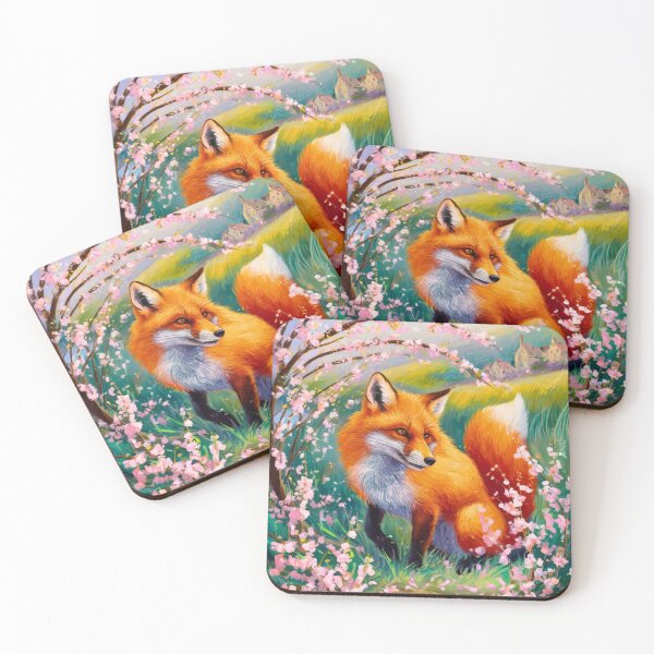 Aperçu de l'œuvre Portrait de renard. Fleur de cerisier, renard floral, renard vintage, peinture renard, style Camille Pissarro créée et vendue par FoxVibes.