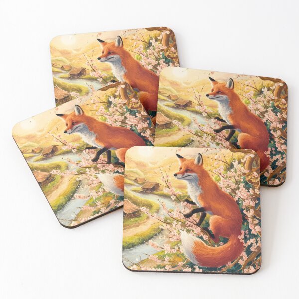 Aperçu de l'œuvre Portrait de renard. Fleur de cerisier, renard floral, renard vintage, peinture renard, style Camille Pissarro créée et vendue par FoxVibes.