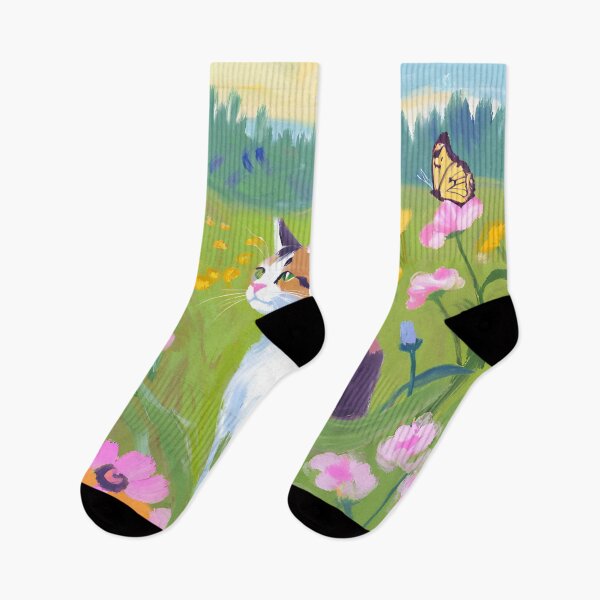 Item preview, Tortoiseshell Cat in Meadow with Purple Daisies designed and sold by Wild Blue Designs NZ.