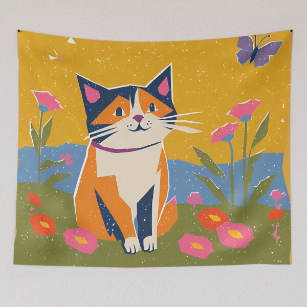 Item preview, Risograph Colourful Cat Yellow designed and sold by Wild Blue Designs NZ.