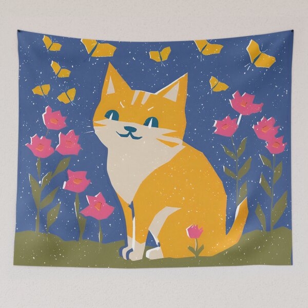 Item preview, Risograph Colourful Happy Cat Blue designed and sold by Wild Blue Designs NZ.