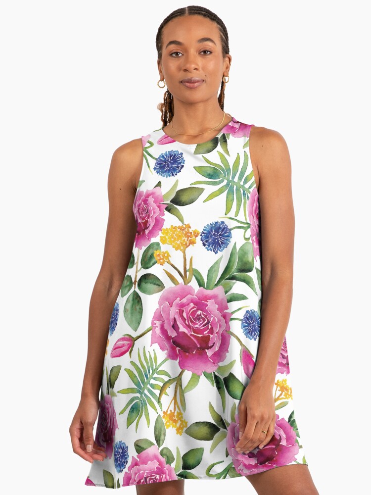 Watercolor Roses - Pink, Blue, Yellow & Green Floral/Botanical Pattern Rose A-Line Dress Watercolor Roses - Pink, Blue, Yellow & Green Floral/Botanical Pattern Rose A-Line Dress