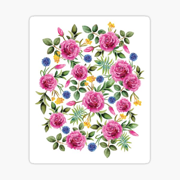 Aperçu de l'œuvre Roses aquarelles - rose, bleu, jaune et vert motif floral / botanique créée et vendue par somecallmebeth.