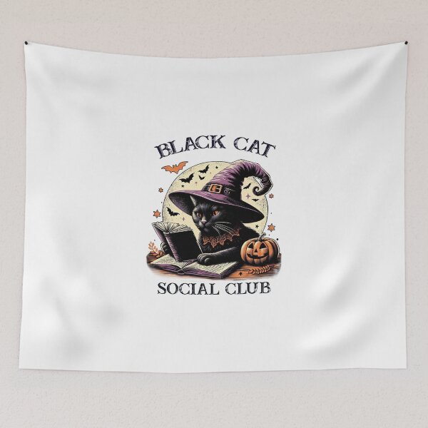 Item preview, Black Cat Social Club/ Retro Vintage Halloween/ Whimsical Halloween design/ black witch Cat with Pumpkin designed and sold by mbarts85.