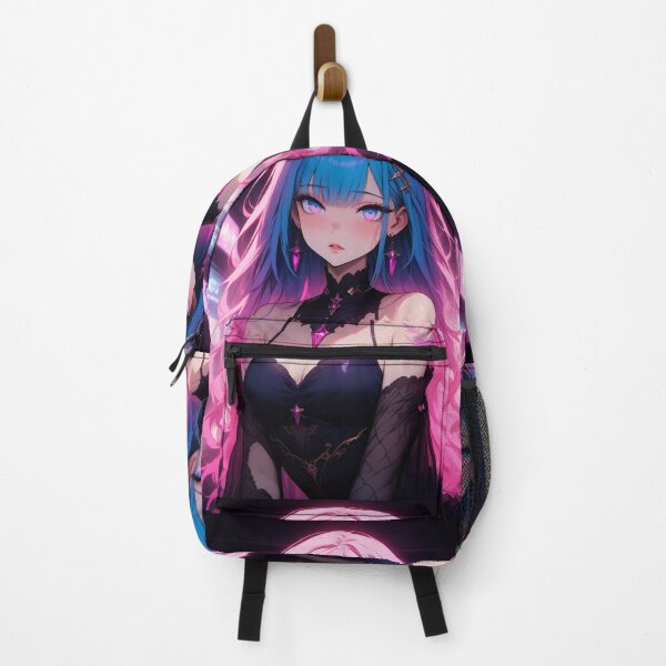 Vista previa del artículo con la obra «Hermosa chica anime con cabello azul y rosa», diseñado y vendido por ByteyCreatives.