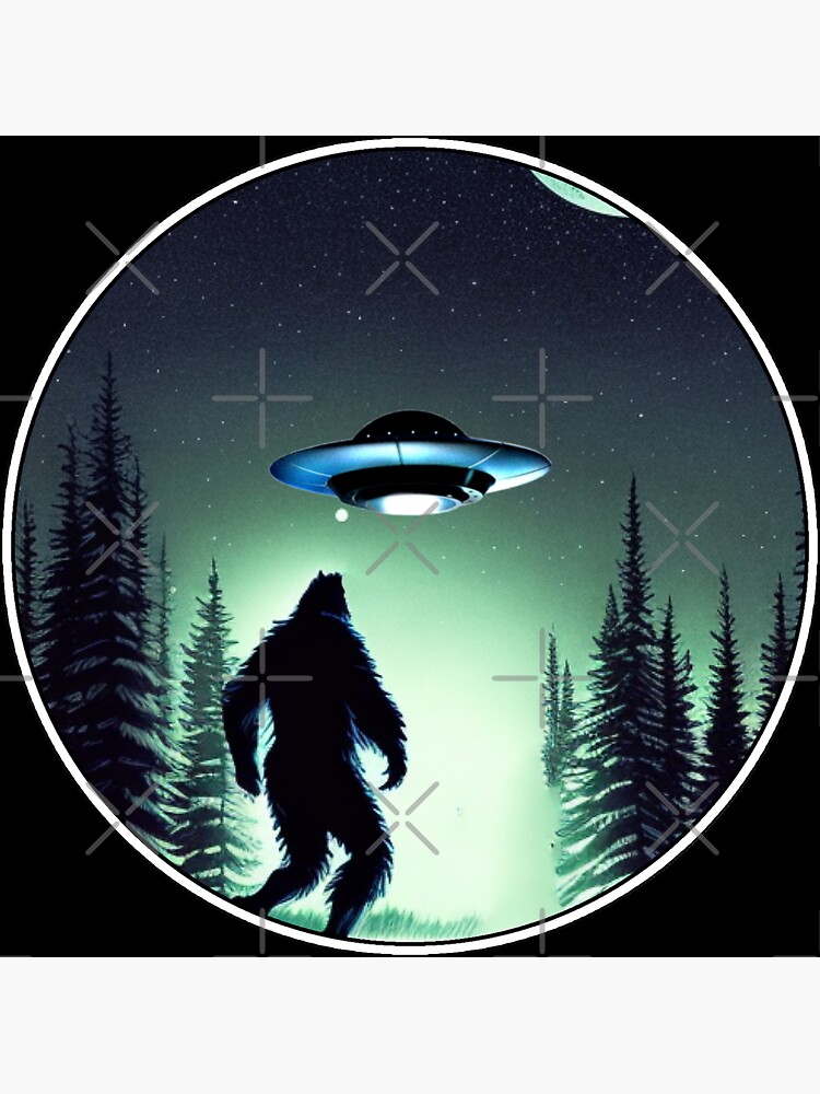 Thumbnail 3 of 3, Sticker, Bigfoot UFO Flying Saucer At Midnight designed and sold by OwnTheAvenue.