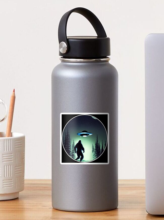 Thumbnail 1 of 3, Sticker, Bigfoot UFO Flying Saucer At Midnight designed and sold by OwnTheAvenue.