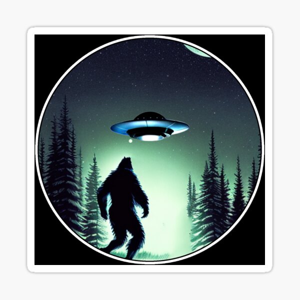 Bigfoot UFO Flying Saucer At Midnight Sticker
