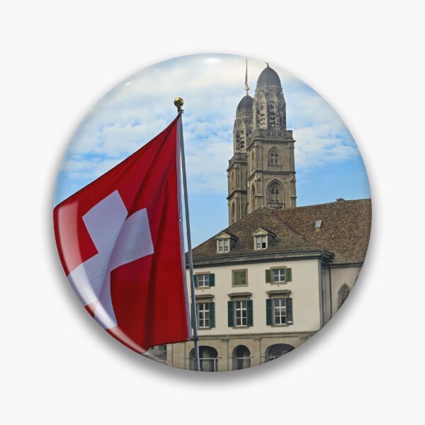 Item preview, Swiss flag in front of the Grossmunster cathedral in Zurich, Switzerland designed and sold by goceris.
