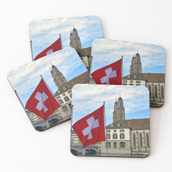 Item preview, Swiss flag in front of the Grossmunster cathedral in Zurich, Switzerland designed and sold by goceris.