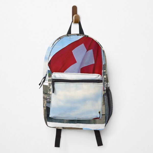 Item preview, Swiss flag in front of the Grossmunster cathedral in Zurich, Switzerland designed and sold by goceris.