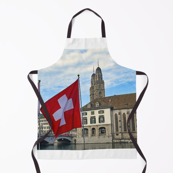 Item preview, Swiss flag in front of the Grossmunster cathedral in Zurich, Switzerland designed and sold by goceris.