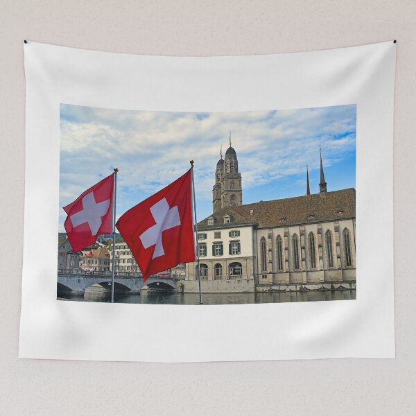 Item preview, Swiss flag in front of the Grossmunster cathedral in Zurich, Switzerland designed and sold by goceris.