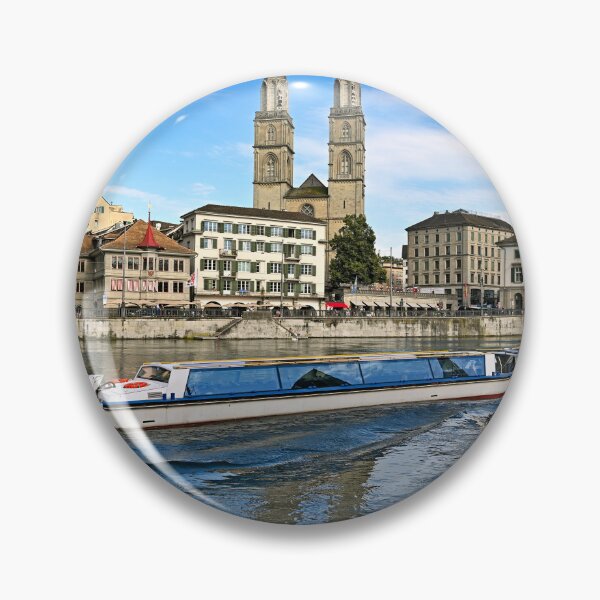 Item preview, Historic Zurich city center with famous Grossmunster churh and a tourist boat sails on the river Limmat, Switzerland designed and sold by goceris.