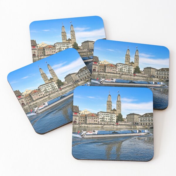 Item preview, Historic Zurich city center with famous Grossmunster churh and a tourist boat sails on the river Limmat, Switzerland designed and sold by goceris.