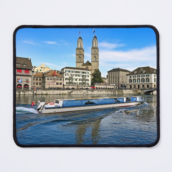 Item preview, Historic Zurich city center with famous Grossmunster churh and a tourist boat sails on the river Limmat, Switzerland designed and sold by goceris.