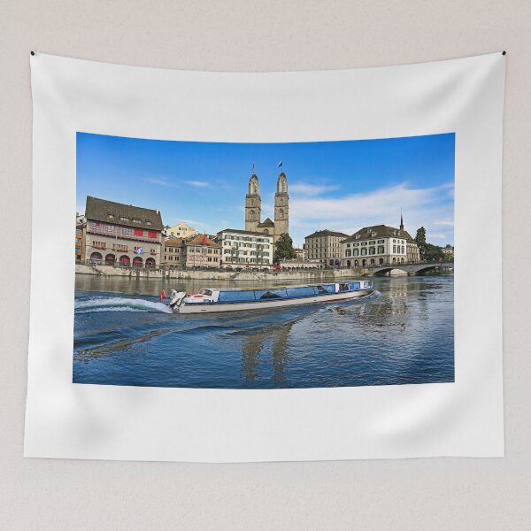 Item preview, Historic Zurich city center with famous Grossmunster churh and a tourist boat sails on the river Limmat, Switzerland designed and sold by goceris.