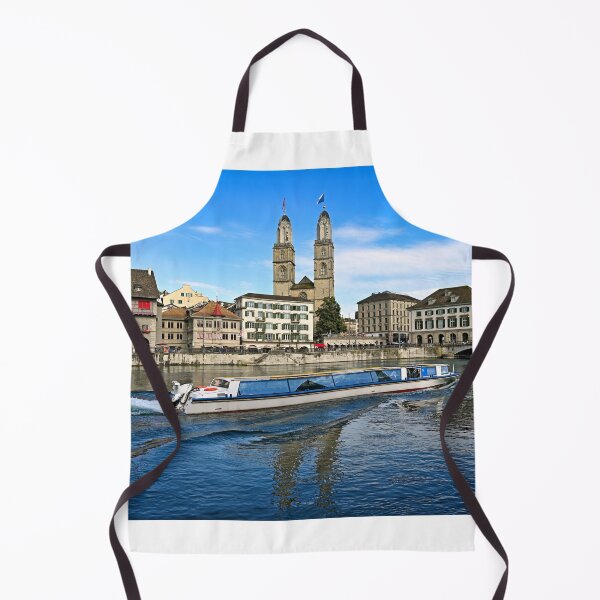 Item preview, Historic Zurich city center with famous Grossmunster churh and a tourist boat sails on the river Limmat, Switzerland designed and sold by goceris.