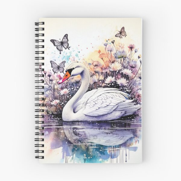 Item preview, White swan in pond, swan in lake, watercolor swan with florals, flowers and watercolour butterflies,  designed and sold by navitalidesign.