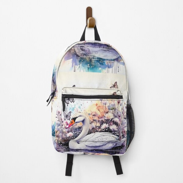 Artikelvorschau, Weißer Schwan im Teich, Schwan im See, Aquarellschwan mit Blumen, Blumen und Aquarellschmetterlingen, entworfen und verkauft von navitalidesign.