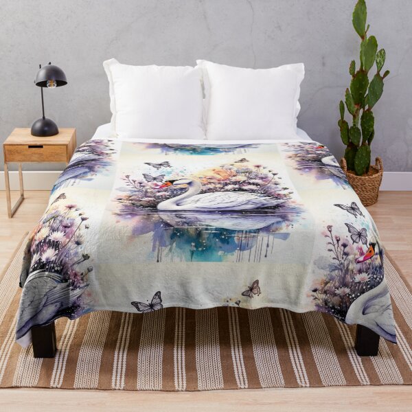 Item preview, White swan in pond, swan in lake, watercolor swan with florals, flowers and watercolour butterflies, designed and sold by navitalidesign.