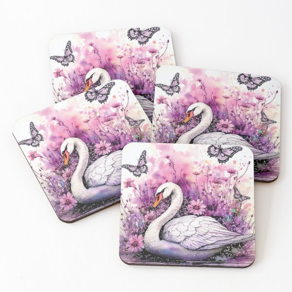 Item preview, White swan in pond, swan in lake,pink and purple, watercolor swan with florals, flowers and watercolour butterflies,  designed and sold by navitalidesign.